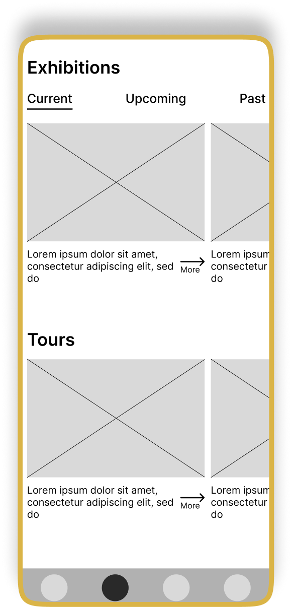 Exhibitions and tours wireframe