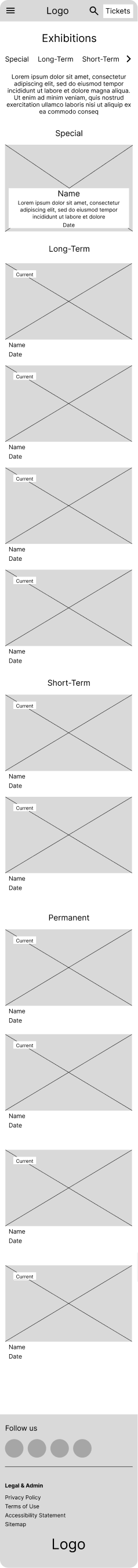Exhibitions page mobile wireframe