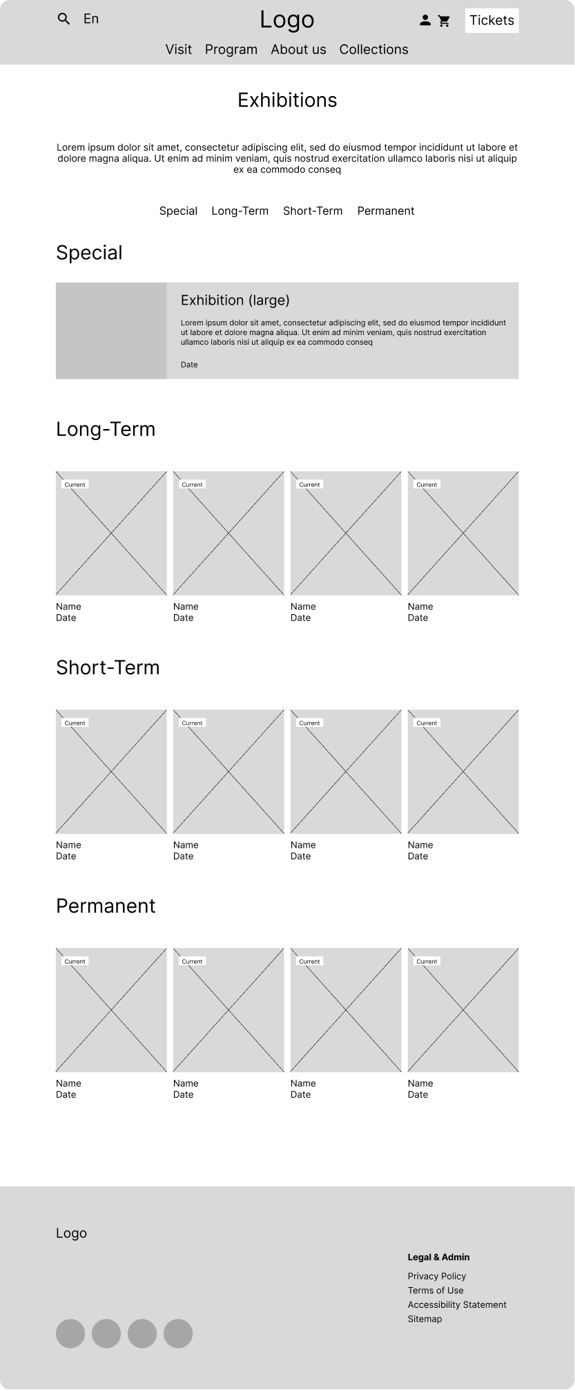 Exhibitions page desktop wireframe
