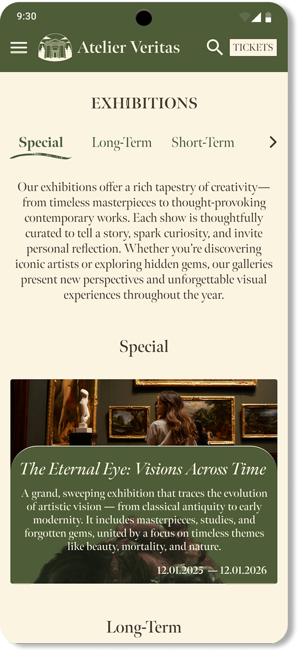 Exhibitions page final design on mobile