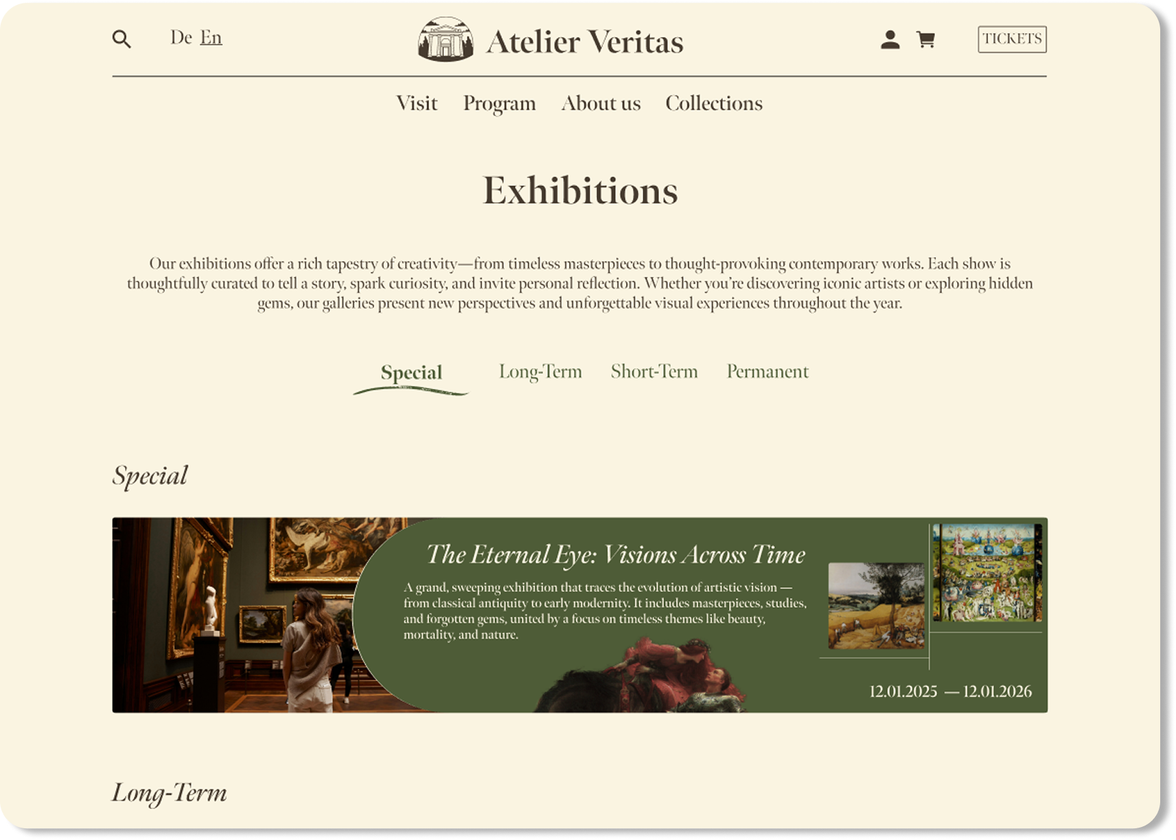 Exhibitions page final design on desktop