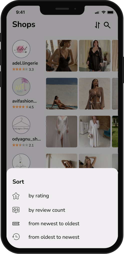 Instashop sorting panel