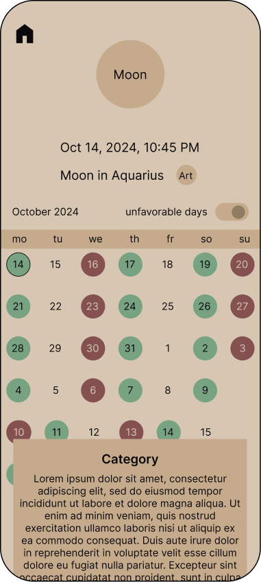 Moon calendar subscription wireframe
